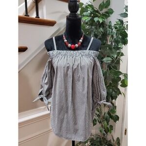 BCX Womens White Black Gingham Polyester Off The Shoulder Top Blouse Size Medium